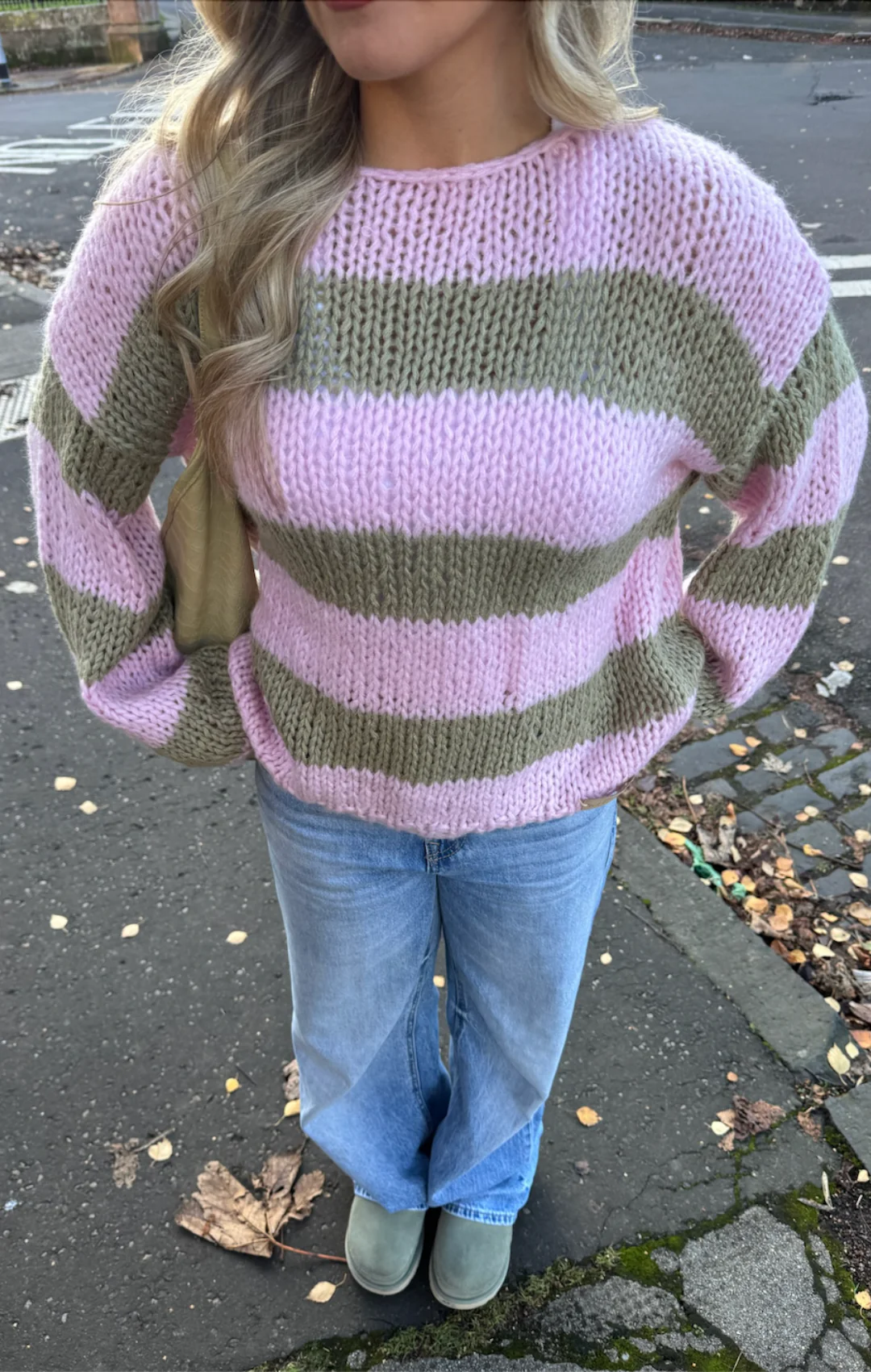 Pink & Khaki Forget Me Not Stripe Jumper - Image 4